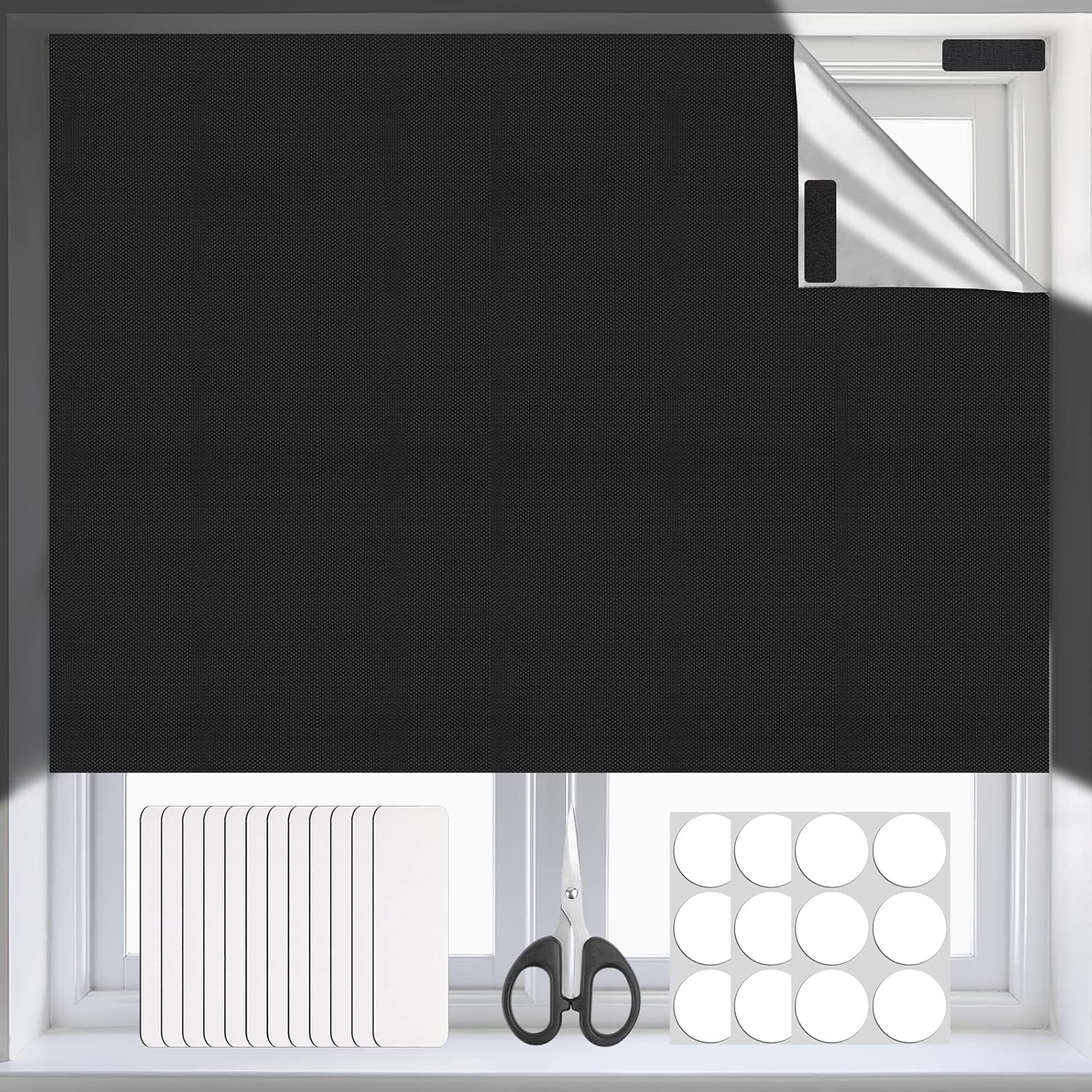 Portable Blackout Blinds 300x145cm, 100% Blackout Material, Easy to Stick On No Drill Blinds to Stick On No Drill Temporary Black Out Curtains for Bedroom, Nursery, Loft